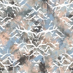 Seamless neutral and white grungy classic abstract surface pattern design for print. High quality illustration. Monochrome earth colored design with white pattern design overlay. Repeat graphic swatch