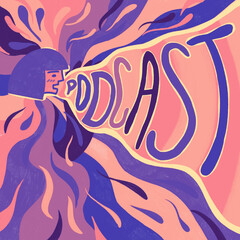 Podcast. Woman with care haircut speaking. Information. Sharing. Original colorful illustration. Modern cartoon style. Digital art, hand drawn on professional digital art supplies. High quality image.