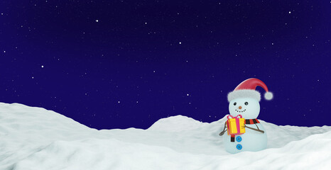 Cute snowman on the background of a winter field, 3D render. Winter Christmas landscape. A snowman holds a gift box