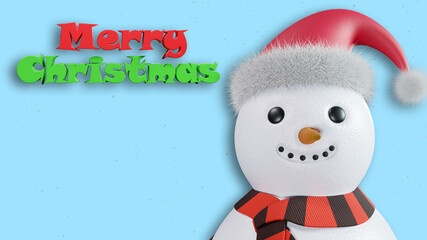Cute smiling snowman in Santa hat, 3d render. Merry Christmas banner, text. Funny face of a snowman, on a blue background
