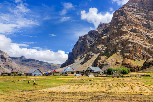 Sceneic view of Drass village with blue cloudy sky background , Kargil, Ladakh, Jammu and Kashmir, India