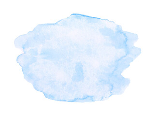 Blue watercolor texture background. Cyan abstract cloud isolated on a white backdrop. Hand-drawn smoke illustration. Splash of color for your design. Abstraction.