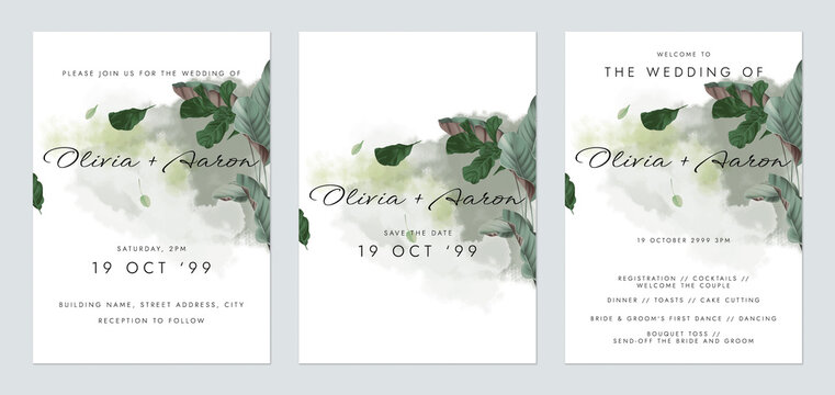 Greenery wedding invitation card set template design, green watercolor decorated with tropical leaves on white