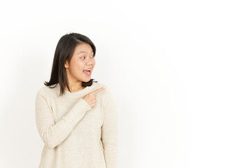 Pointing aside and Showing Product of Beautiful Asian Woman Isolated On White Background