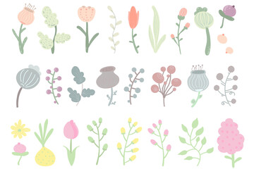 Obraz premium Floral set of beautiful blooming wildflowers and leaves. Flower head, petals, leaves and branches. Botanical collection of cut meadow and garden flowers.