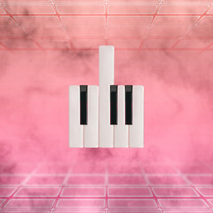 Piano keys on coral pink foggy background with perspective grid. Middle finger symbol. Aesthetically abstract rebellious musical concept. Minimal 3D illustration of synthwave, cyberpunk or vaporwave. 