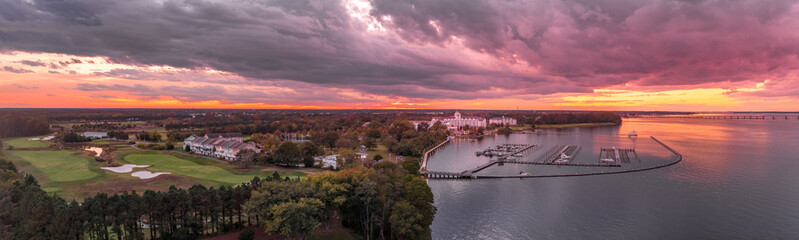 Colorful sunset over riverside resort in Cambridge Maryland USA