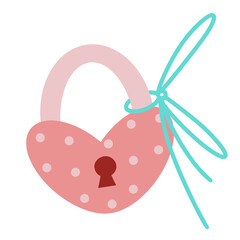 Lock vector icon. Hand-drawn flat illustration. Heart shaped padlock with polka dots, keyhole, ribbon. Festive vintage element for valentine's day. Cute romantic concept, simple pink object.