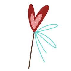 Lollipop vector icon. Hand-drawn illustration. Heart-shaped caramel on a stick. Gummy candy decorated with a ribbon. Festive dessert for Valentine's Day. Sweet romantic concept, flat style.