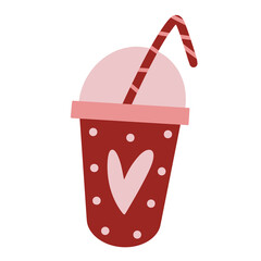Milkshake, coffee, juice vector icon. Hand-drawn illustration in flat style. A cute glass, plastic cup with a heart, a lid, a straw. A festive drink for a romantic dinner. Sketch, cartoon concept.
