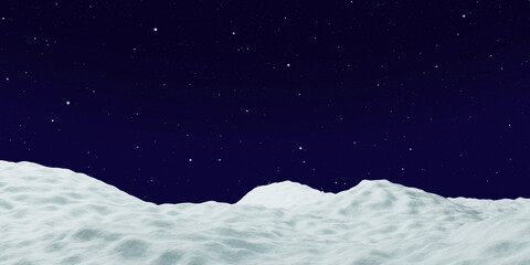 Fototapeta premium Night winter landscape and falling snow, 3d render. Christmas snowfield with white hills and snowfall.