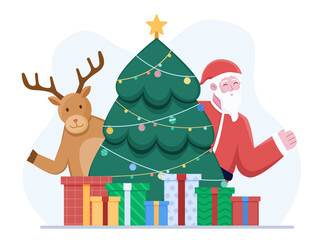 Merry Christmas illustration with cute Santa Claus, deer, Christmas tree, and Christmas presents. Can be used for greeting card, poster, invitation, banner,  web, print, etc.