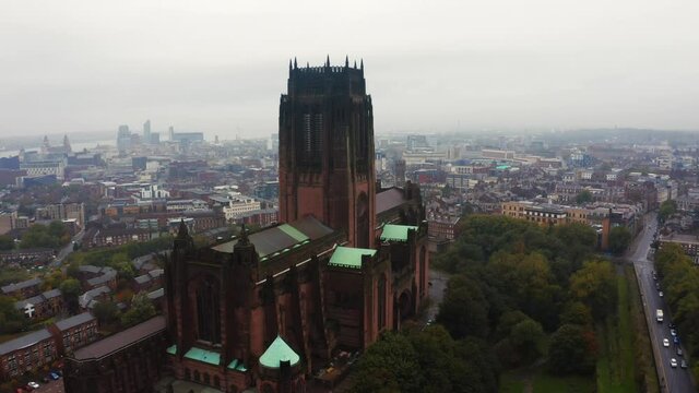 Aerial view of the Liverpool Cathedral or Cathedral Church of Christ of the Risen Christ on St James Mount in Liverpool, UK
