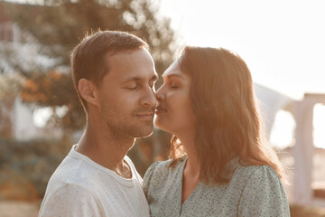 couple in love hugs. man and woman smiling. Valentine's day