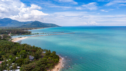 Aerial view of Sichon beach and bay blends with the blue sea. Photo aerial panorama view from drone.