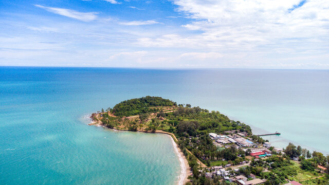 Aerial view of Sichon beach and bay blends with the blue sea. Photo aerial panorama view from drone.