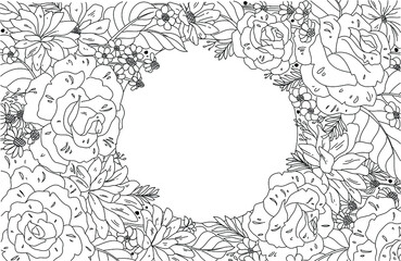 Frame with flowers. Black and white hand drawn floral element.