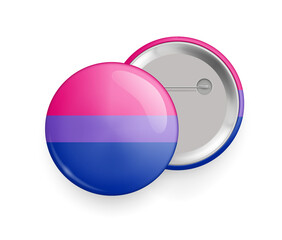 Bisexual pride round glossy metallic 3d badge mockup. Lgbt flag, official symbols of the community. Front and back side of pin button realistic vector illustration