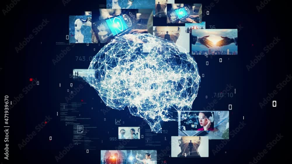 Poster AI (Artificial Intelligence) concept. Communication network. Image analysis.