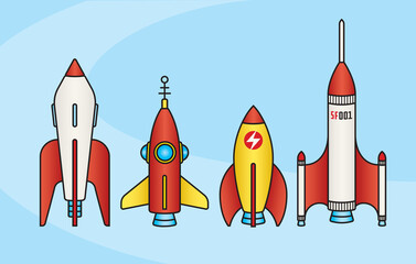 Set of retro science fiction rocket ship designs.
Four super cool vintage style vector illustrations of classic mid-century outer-space rockets. Blast off, baby!