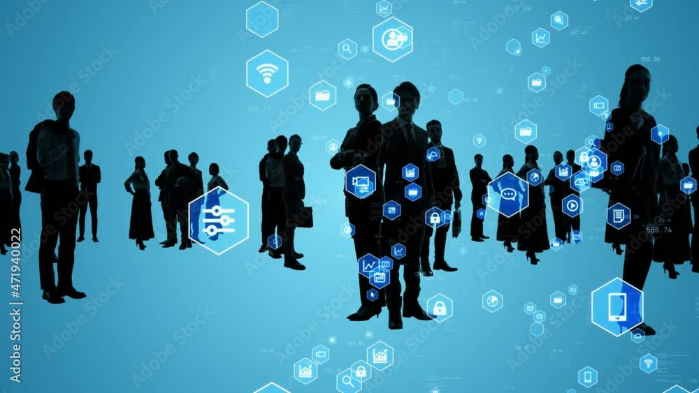 Poster silhouette of multinational people and communication network concept. human resources. technology of