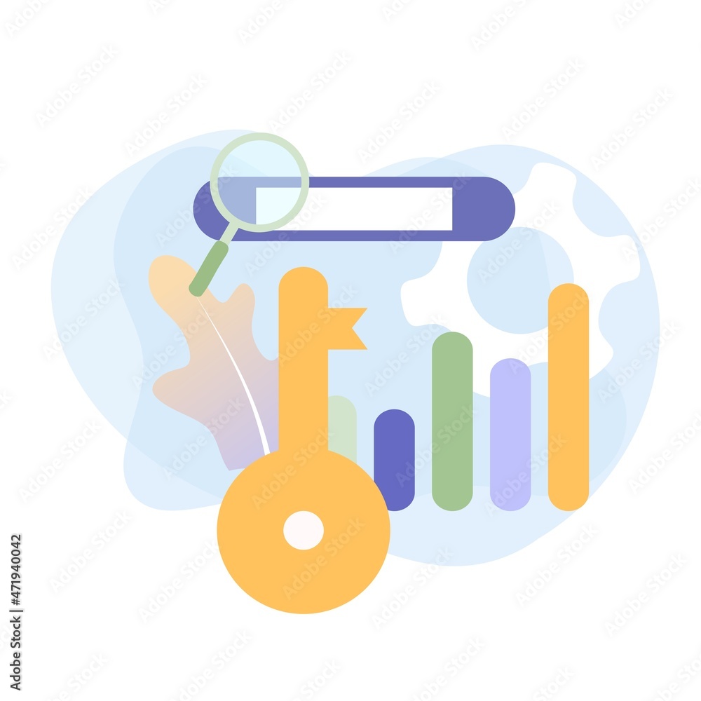 Poster flat vector illustration of keyword research, keyword ranking optimization on search engine, search 