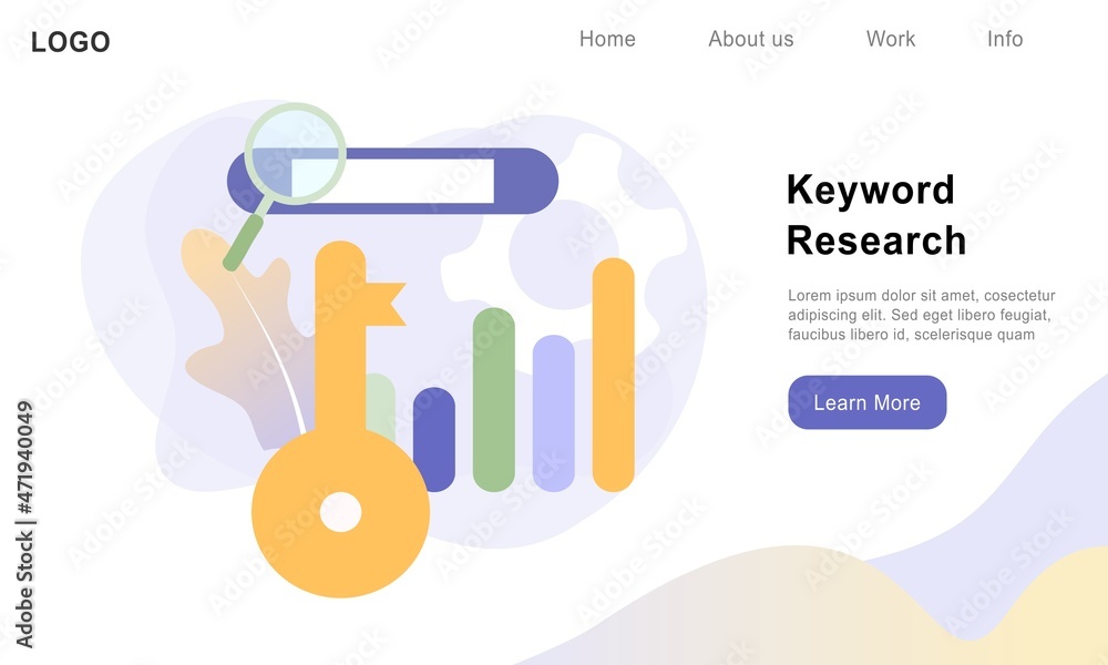 Poster flat vector illustration of keyword research, keyword ranking optimization on search engine, search 