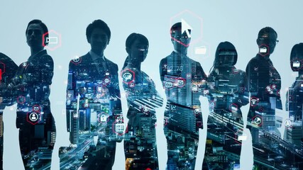 Silhouette of multinational people and modern society concept. Human resources. Digital transformation.