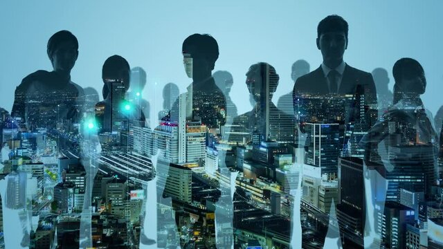Silhouette of multinational people and modern society concept. Human resources. Digital transformation.