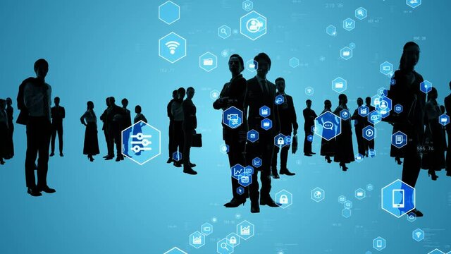 Silhouette of multinational people and communication network concept. Human resources. Technology of business.