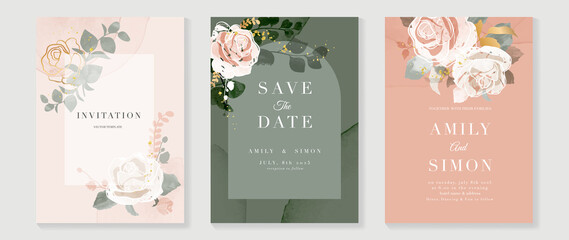 Luxury wedding invitation card background  with golden line art flower and botanical leaves, Organic shapes, Watercolor. Abstract art background vector design for wedding and vip cover template.
