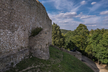 Fototapeta na wymiar Aerial view of ruined Gothic medieval Marevar castle near Magyaregregy in the Mecsek montains near Pecs Hungary destroyed in the Hungarian Turkish wars