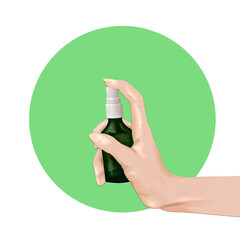 2d illustration of hand sanitizer spray bottles, hand drawn stylized image with beautiful female hand. Sanitation sign isolated on light green background, minimalism style