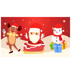 Merry Christmas and Happy New Year greeting card with cute Santa snowman gifts and deer in Christmas snow scene premium vector