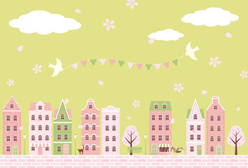 vector background with city landscape with houses and cherry blossoms for banners, cards, flyers, social media wallpapers, etc.