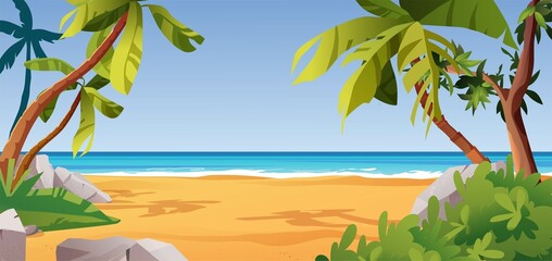 Fototapeta na wymiar Tropical beach landscape with palm trees, stones, chaise longue, sea or ocean, bushes and rocks. Place for rest. Cartoon vector illustration.