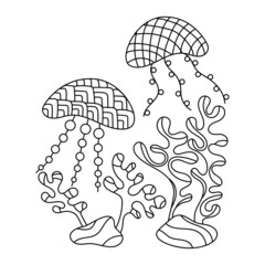 Coloring pages, Underwater. Vector hand drawn doodles animals. Jellyfish and underwater plants