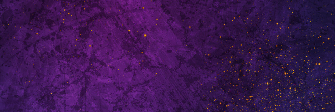 Dark violet grunge texture background with small golden particles. Abstract retro vector design