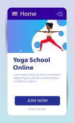 Yoga classes online. Landing page. Web site yoga school. A pretty African girl shows an asana. Yoga training via the Internet. Vector illustration.
