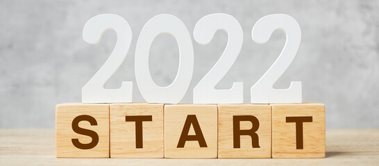 2022 New Year text with START block. Resolution, strategy, plan, motivation, goal, reboot, business and holiday concepts