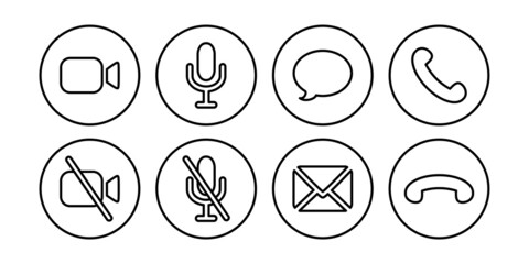 Virtual hangouts icons for conference call. On and off video, sound, message, mail and call icons isolated on white background. Outline vector illustration