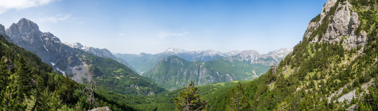 Big panorama of Albanian Alps from Valbona Pass in Albania
