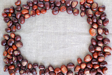Frame of chestnuts on textile background