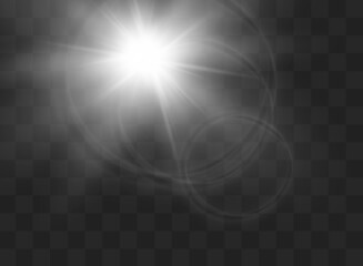 Vector transparent sunlight special lens flash light effect.front sun lens flash. Vector blur in the light of radiance. Element of decor. Horizontal stellar rays and searchlight.