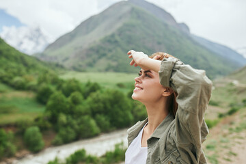 woman hiker mountains landscape travel freedom fresh air