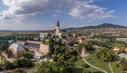Obraz premium Aerial view of Nitra castle. The core of the castle is St. Emmeram's Cathedral with the Bishop's residence; the oldest surviving part is the Romanesque Church