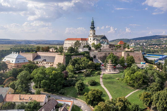 Aerial view of Nitra castle. The core of the castle is St. Emmeram's Cathedral with the Bishop's residence; the oldest surviving part is the Romanesque Church