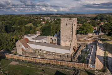 Aerial view of medieval Nagyvazsony castle near the Lake Balaton in Veszprem county Hungary with...