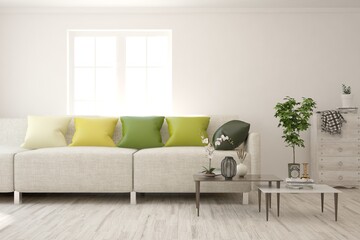 Stylish room in white color with sofa. Scandinavian interior design. 3D illustration