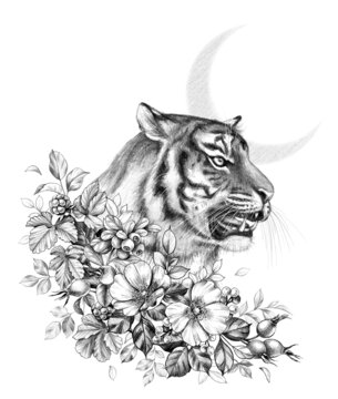 recommend clip art: Monochrome Tiger with Wild Berries and Flowers